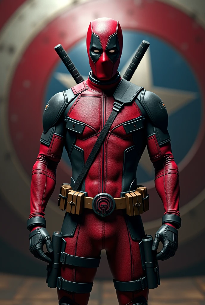 crie deadpool, Staring at me, in the background the captain america shield, centered and realistic 4k image