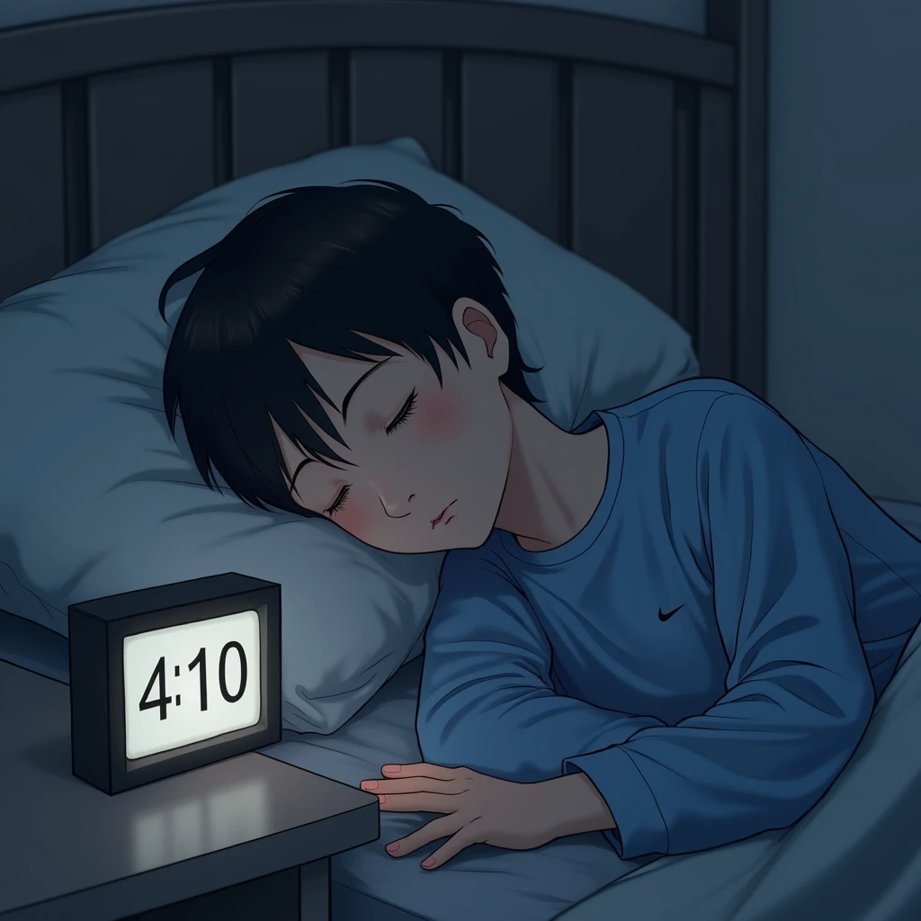Japanese boy in blue long sleeve Nike t-shirt sleeping in his bed, On my side there is a clock showing the time, which is 04:10