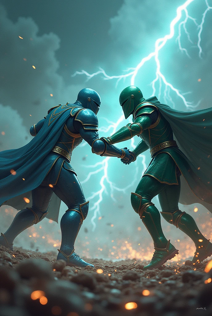 A warrior in blue armor and a blue closed helmet and another warrior in green armor and a green closed helmet fighting an incredible battle of lightning against a hurricane