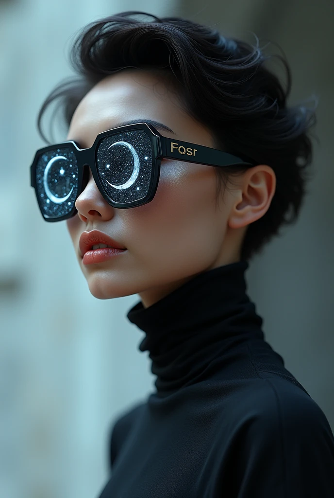 The model is wearing glass sunglasses with stars and the moon on the glass