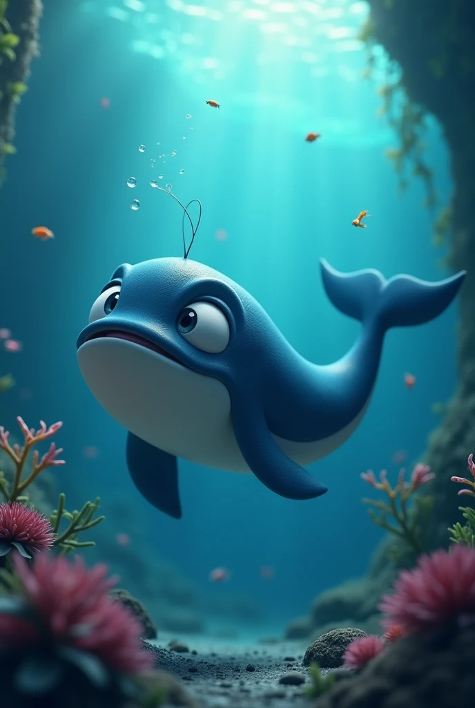 A Pixar-like character whale near the deep ocean bottom.