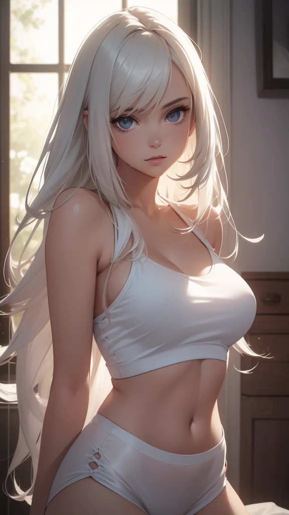 a beautiful young girl, modern white short tight cropped top, sensual, alluring expression, long flowing hair, looking at camera, soft lighting, romantic mood, high quality, realistic, cinematic, 8k, photorealistic, detailed facial features, detailed skin texture, detailed clothing folds, intricate hair strands, warm color palette, cinematic lighting