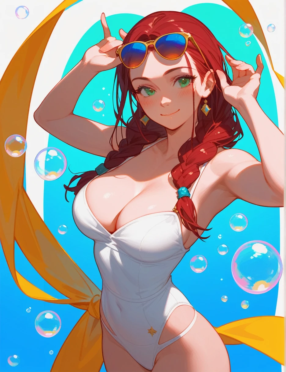 score_9_up,score_8_up, 1girl, solo, green eyes, burgundy hair, braid, long hair, ((blush)), closed mouth, smile, big breast, pose, (thin girl:1.2), (bubbles), ((entertainment park)), sunglasses,