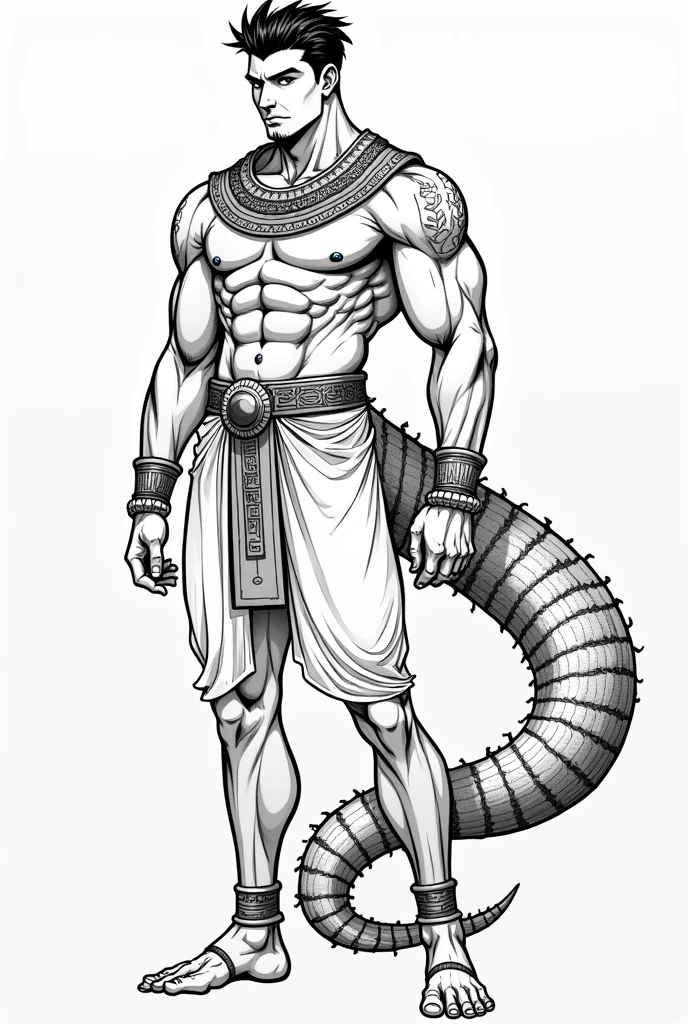 Manga style body sketches of a man in pharaoh attire with short hair and a crocodile tail 
