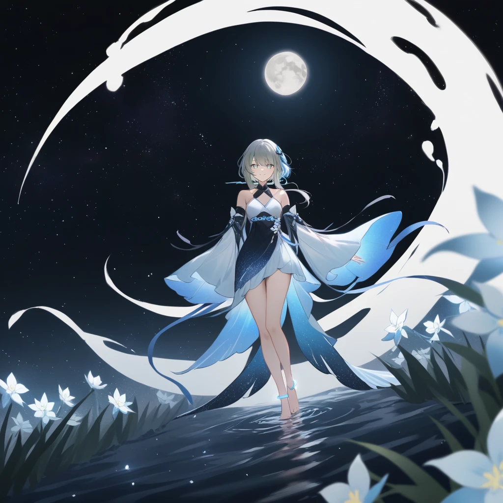 1girl, guizhong_\(genshin_impact\),light grey hair,short_hair_with_long_locks,starry_sky_print,detached_sleeves, long sleeves_past_fingers,hanfu,illustrated by matsuryuu and agahari and dsmile,pale blue eyes,stunning field of softly glowing blue and white glaze lilies,night scene,gentle smile,moonlight,glossy lips,vivid anime coloring,cel shading,smooth, soft dreamy focus,anklet,halter_top,white clothes,highly detailed,digital painting,field of flowers,bare_shoulders,wlop,barefoot,cool night tones, magical night scene,masterpiece, best quality, film, professional, 4k, highly detailed,Guardian nebula of rainbow light and silvery vapor,starry,cosmic,goddess,rich color,hdr,silver moon,

A woman shrouded in mystery, Stand gracefully on the endless shore, Surrounded by shimmering stardust, The bell Creates a faint glow in the haze. Her face, Full of expression and depth

Her eyes Reflecting an awareness of suffering and an indomitable desire to restore light to a forgotten world. 

She wore a dress woven from luminous fabric, It was as if the light itself had become intertwined in her existence. The dress is elegant and flowy, Creates gentle movements in the night breeze. Its color palette reflects the spectrum, From ocean blue to crystal white.

Her posture, Both upright and elegant, Convey courage and determination.

The dark night sky is dotted with sparkles. The vast sea stretched out in front