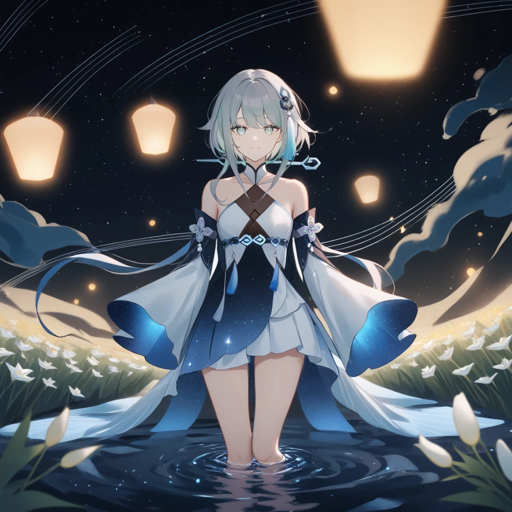 1girl, guizhong_\(genshin_impact\),light grey hair,short_hair_with_long_locks,starry_sky_print,detached_sleeves, long sleeves_past_fingers,hanfu,illustrated by matsuryuu and agahari and dsmile,pale blue eyes,stunning field of softly glowing blue and white glaze lilies,night scene,gentle smile,moonlight,glossy lips,vivid anime coloring,cel shading,smooth, soft dreamy focus,anklet,halter_top,white clothes,highly detailed,digital painting,field of flowers,bare_shoulders,wlop,barefoot,cool night tones, magical night scene,masterpiece, best quality, film, professional, 4k, highly detailed,Guardian nebula of rainbow light and silvery vapor,starry,cosmic,goddess,rich color,hdr,silver moon,

A woman shrouded in mystery, Stand gracefully on the endless shore, Surrounded by shimmering stardust, The bell Creates a faint glow in the haze. Her face, Full of expression and depth

Her eyes Reflecting an awareness of suffering and an indomitable desire to restore light to a forgotten world. 

She wore a dress woven from luminous fabric, It was as if the light itself had become intertwined in her existence. The dress is elegant and flowy, Creates gentle movements in the night breeze. Its color palette reflects the spectrum, From ocean blue to crystal white.

Her posture, Both upright and elegant, Convey courage and determination.

The dark night sky is dotted with sparkles. The vast sea stretched out in front