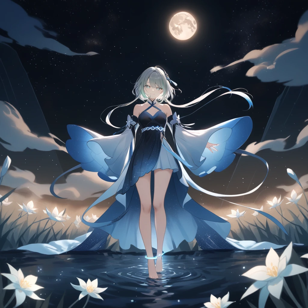 1girl, guizhong_\(genshin_impact\),light grey hair,short_hair_with_long_locks,starry_sky_print,detached_sleeves, long sleeves_past_fingers,hanfu,illustrated by matsuryuu and agahari and dsmile,pale blue eyes,stunning field of softly glowing blue and white glaze lilies,night scene,gentle smile,moonlight,glossy lips,vivid anime coloring,cel shading,smooth, soft dreamy focus,anklet,halter_top,white clothes,highly detailed,digital painting,field of flowers,bare_shoulders,wlop,barefoot,cool night tones, magical night scene,masterpiece, best quality, film, professional, 4k, highly detailed,Guardian nebula of rainbow light and silvery vapor,starry,cosmic,goddess,rich color,hdr,silver moon,

A woman shrouded in mystery, Stand gracefully on the endless shore, Surrounded by shimmering stardust, The bell Creates a faint glow in the haze. Her face, Full of expression and depth

Her eyes Reflecting an awareness of suffering and an indomitable desire to restore light to a forgotten world. 

She wore a dress woven from luminous fabric, It was as if the light itself had become intertwined in her existence. The dress is elegant and flowy, Creates gentle movements in the night breeze. Its color palette reflects the spectrum, From ocean blue to crystal white.

Her posture, Both upright and elegant, Convey courage and determination.

The dark night sky is dotted with sparkles. The vast sea stretched out in front