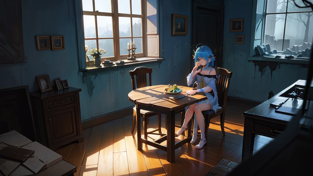 Create an anime and light novel style image of a grand, dilapidated castle room with a worn wooden table in the center. Seated at the table are Aslan, a young male elf with white hair partially covering her eyes and a {slender physique}, and Elizabeth, a tall and {strong half-elf girl} with vibrant blue hair. They are sharing a simple, improvised cake, adding a touch of warmth to the scene. The room, though in ruins, exudes a serene and melancholic atmosphere. Broken windows allow a gentle breeze to flow through, with soft light filtering in, casting a subtle glow that creates a fleeting moment of peace and hope amidst the ruins. Both characters should be dressed in fantasy era attire that complements their features and adds to the overall magical ambiance., 