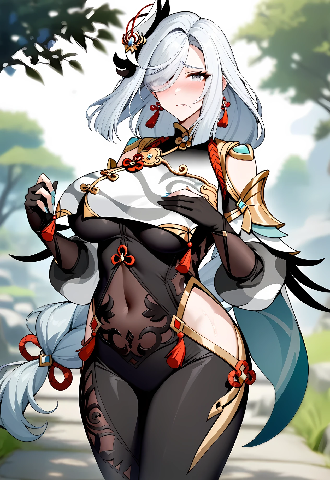 masterpiece, best quality, very aesthetic, absurdres, 1girl, mature_lady,huge oversize , grabbing own breasts,embarrassed,blush,tears in eyes, sweat, ,shenhe_(genshin_impact), genshin_impact, 1girl, tassel_earrings,grey_eyes, hair_over_one_eye, long_hair, low-braided_long_hair, low-tied_long_hair, white_hair, black_bodysuit, clothing_cutout, covered_navel, gloves, hip_vent, partially_fingerless_gloves, shoulder_cutout, breast_curtain, chinese_knot, jewelry, nail_polish, tassel,  toenail_polish, toenails,aqua_nails, ,in park,blur background,background defocus,