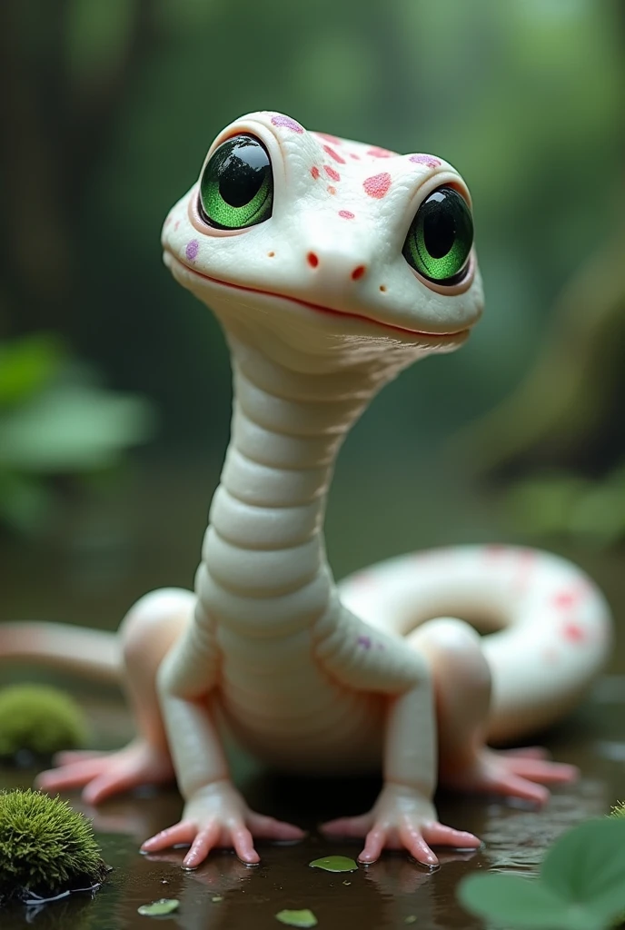 A child-sized snake with frog eyes, white with red and purple spots