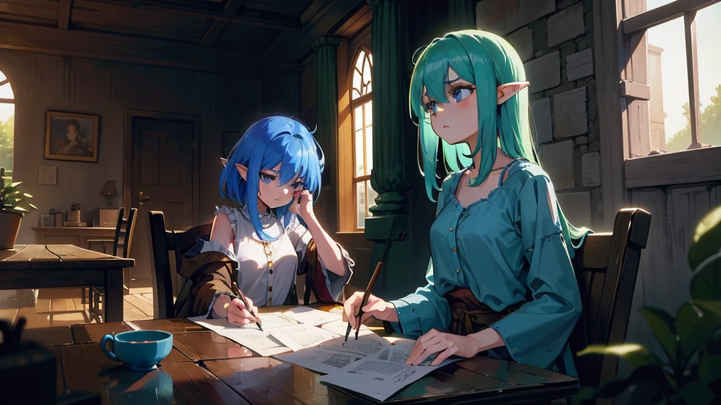 Create an anime and light novel style image of a grand, dilapidated castle room with a worn wooden table in the center. Seated at the table are Aslan, a young male elf with white hair partially covering her eyes and a {slender physique}, and Elizabeth, a tall and {strong half-elf girl} with vibrant blue hair. They are sharing a simple, improvised cake, adding a touch of warmth to the scene. The room, though in ruins, exudes a serene and melancholic atmosphere. Broken windows allow a gentle breeze to flow through, with soft light filtering in, casting a subtle glow that creates a fleeting moment of peace and hope amidst the ruins. Both characters should be dressed in fantasy era attire that complements their features and adds to the overall magical ambiance., 