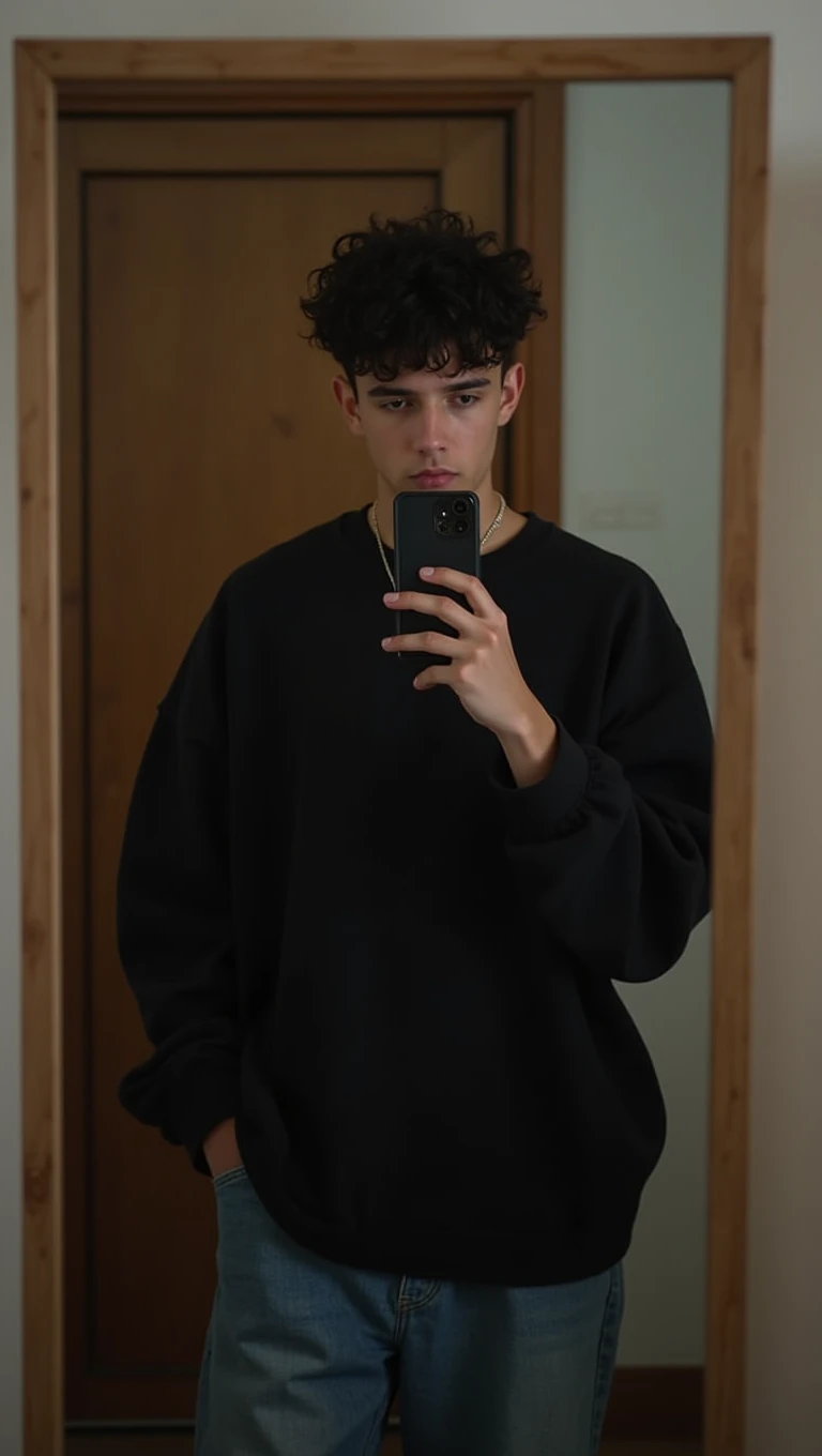 Hiper realistic and natural picture, 18 years boy taking a selfie in the mirror, Looking at the cell phone he is taking the picture on, wearing Black oversized shirt, Baggy jeans, Aesthetic clothing, oversized clothing, pretty boy, cute boy, beautful, short black weavy hair, dark look, modest outfits, short hair, natural hiper real, light brown skin, short weavy hair, perfect face, perfect hands