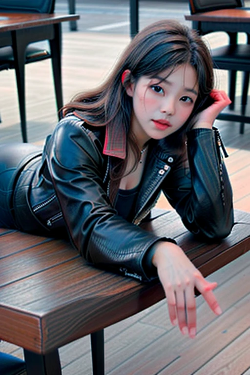 A female student in a leather jacket is lying on a lacquered wooden table