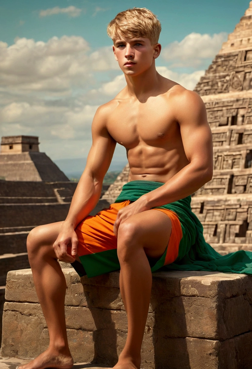 cobined style image In henry_tuke_scott+roberto_ferri art style (photorealistic a young man in Henry Scott Tuke style, nordic slim toned fitness body, defined muscles, perfect anatomy, short blond straight hair, Roman nose, full lips, hard chin,  hard shaped face, barefoot, shirtless, wearing orange-green shorts, sitting at the top of a aztec pyramid playing the guitar fullcolor) (backgroud in  intense hard colors  oil  painting style, you can see ancient Tenochtitlán city)