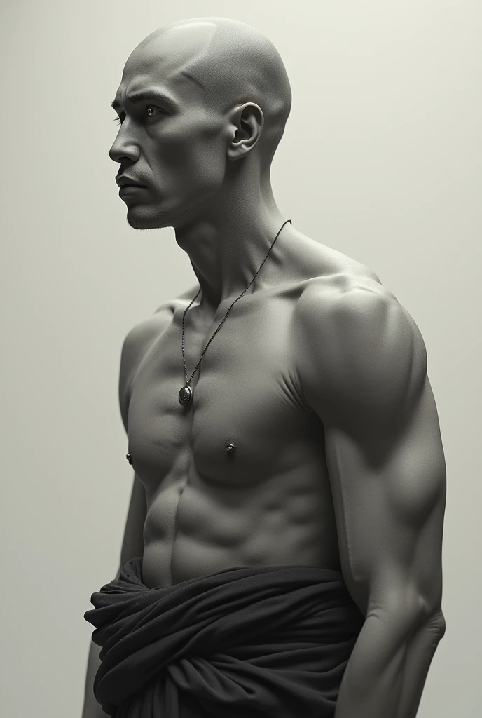 make a bald monk with silver eyes without a shirt with a well-defined body with approximately 1,70cm tall full body profile facing front