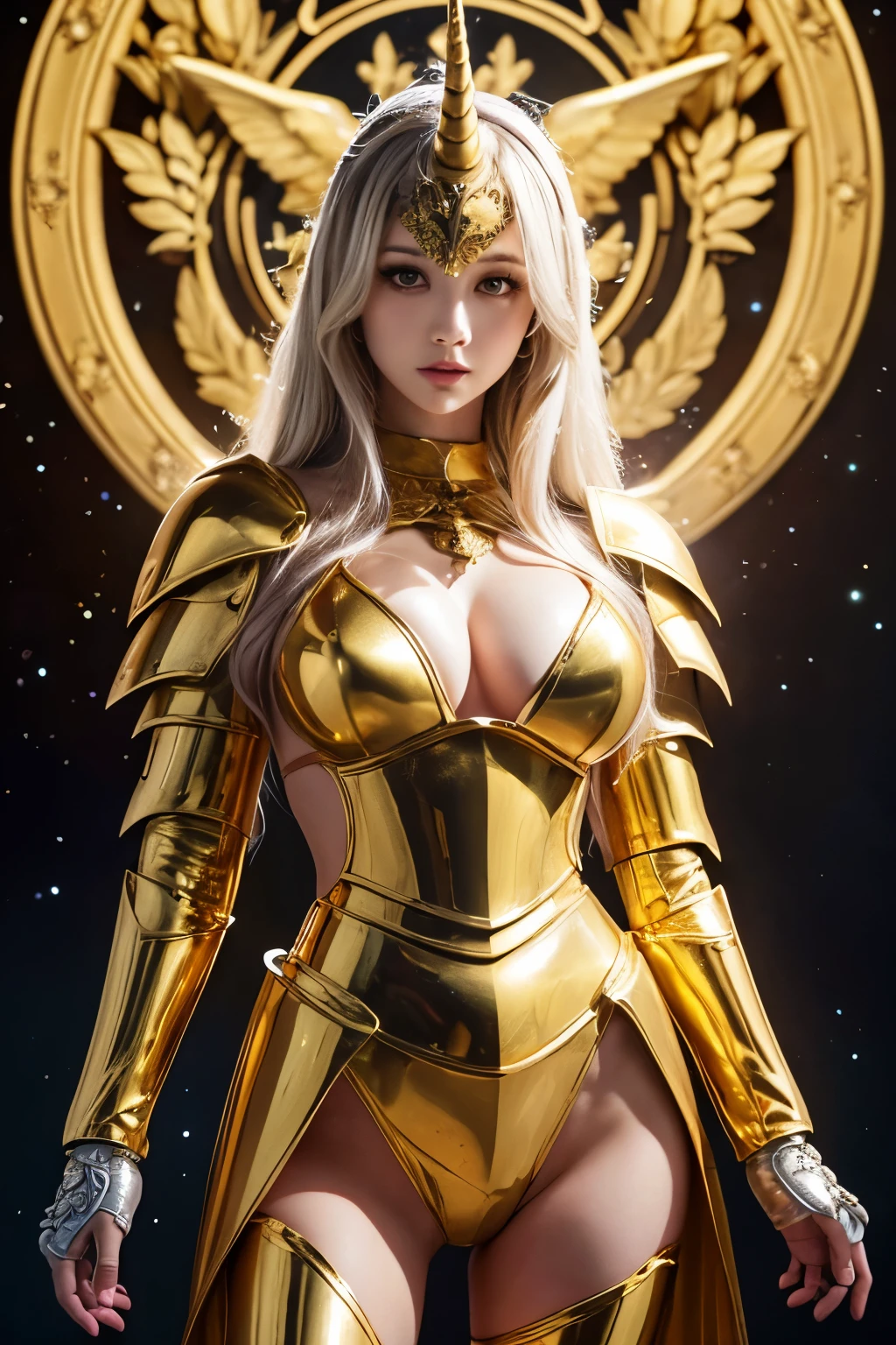 Ultra HD、Ultra-clear、Beautiful Face、Warrior in unicorn armor、Covered entirely in golden armor、Holy knight in golden armor、Golden armor with ornate carvings covering the entire body、Heavy golden armor、crystal clear green eyes、Silver Hair、Big Tits、Long legs、Outer space background、