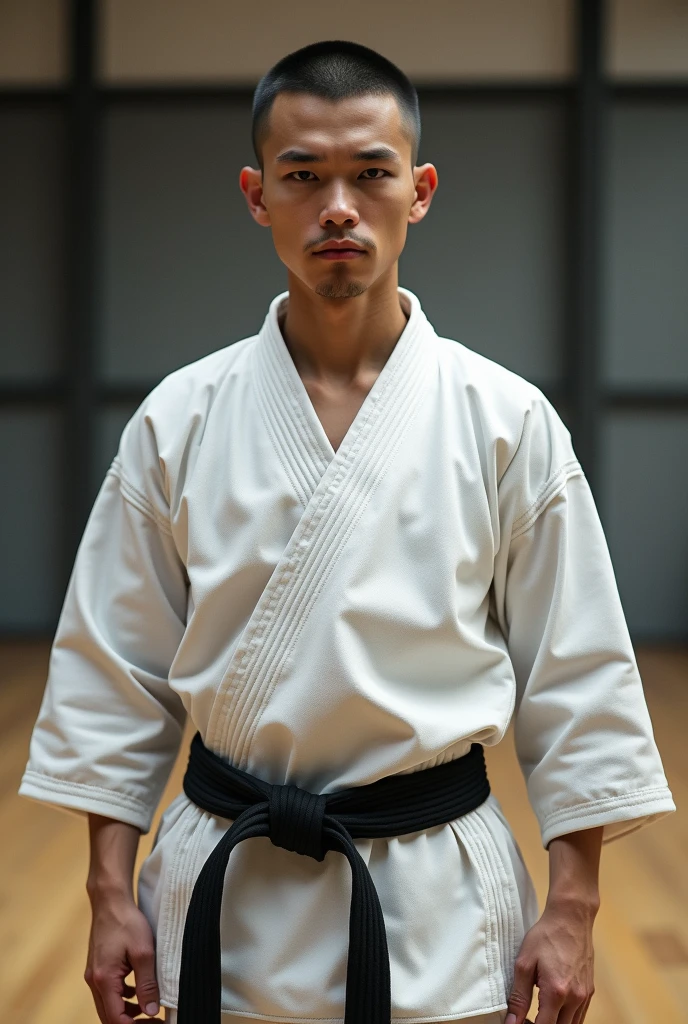 Karateka with military cut, black belt
