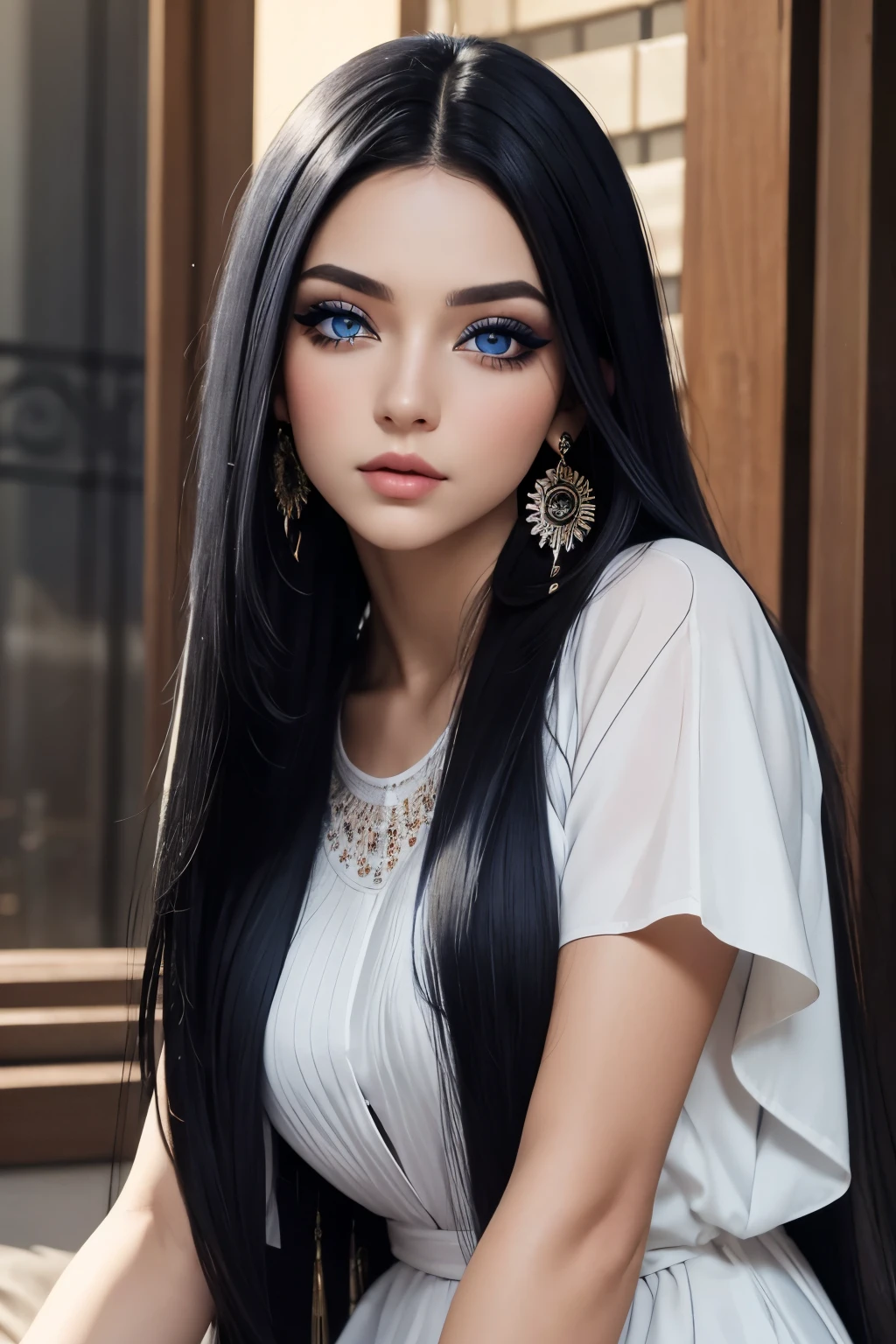 (best quality, masterpiece), 1girl, beautiful girl, Blue_eyes, ((hair color [Black hair], [long Straight] hair)), earrings, lips, short sleeves,realistic, narrow waist, charming, colorful makeup, Smoky eye shadow, Dark Eyeliner. long eyelashes, (cute), (detailed face), detailed eyes, detailed iris, 
