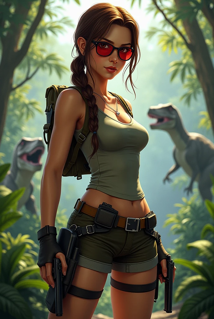 Classic Lara Croft, long braid, tank top, short, dual pistols, in a jungle, dinosaurs behind her, small backpack, classic red sunglasses, holster leg