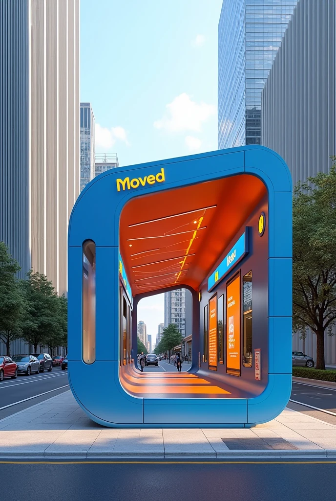 make an image of a BRT station in orange and blue with the logo of the BRT controlling company ( Moved)