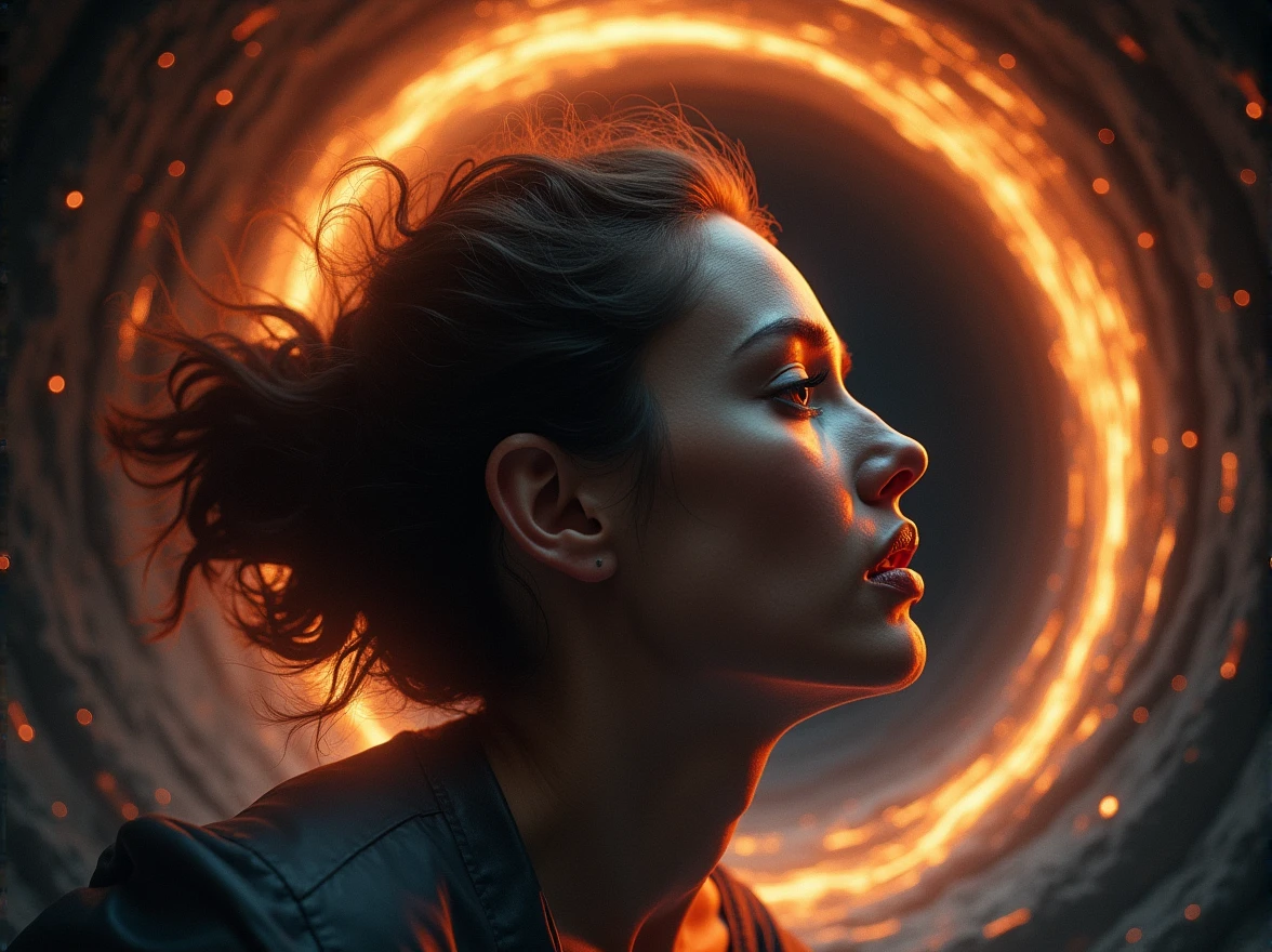 a woman being sucked into a black hole, beautiful detailed face and body, extreme stretching, dramatic expression, powerful swirling black hole vortex, glowing event horizon, cosmic energy, cinematic lighting, dark moody atmosphere, highly detailed, photorealistic, dramatic, sci-fi, masterpiece