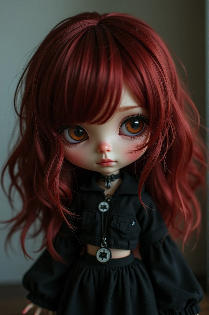 Blythe doll with dark red hair with side bangs on the lefts and chest length hair, light brown eyes and pale brown skin and emo style