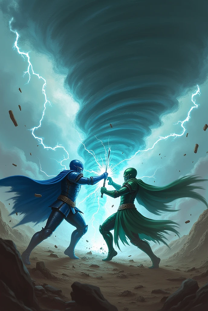 A warrior in blue armor and a blue closed helmet and another warrior in green armor and a green closed helmet fighting an incredible lightning battle against a tornado