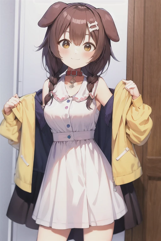 Androgynous boy, brown hair, maid bikini