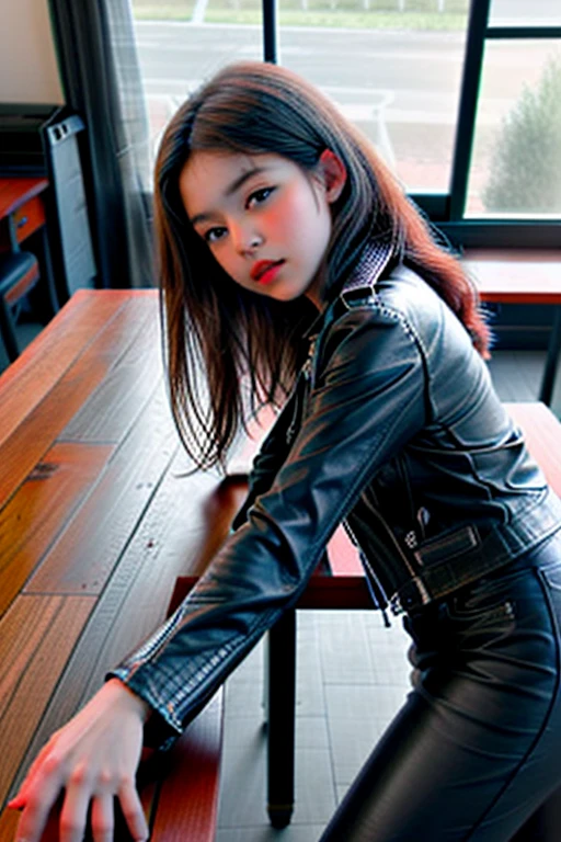 A female student in a leather jacket is lying on a lacquered wooden table