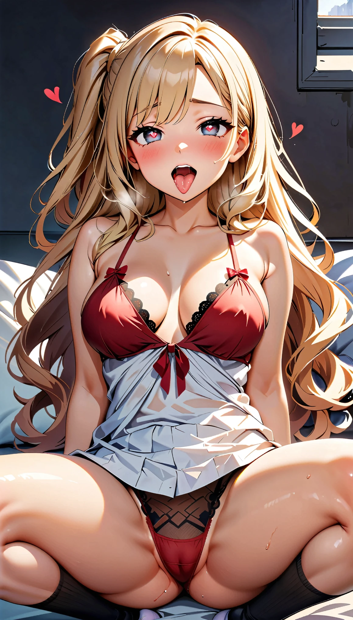 (Highest quality:1.24, Very detailed, Delicate and beautiful CG art, Detailed illustrations, Attention to detail, masterpiece:1.2, Highest quality, Best aesthetics), (((1 person, Beautiful girl illustration))), JK, Light-colored illustration, Perfect lighting, Natural light, Surrealism, Beautiful detailed hair, Beautifully detailed face, Beautiful attention to detail, Beautiful clavicle, Beautiful body, Beautiful breasts, Beautiful thighs, Beautiful feet, Beautiful fingers, Glowing Skin, View your viewers, Perfect Face, Perfect Eyes, Perfect Fingers, (Long Hair, Side Ponytail), Asymmetrical bangs, (Detailed cloth texture, Black socks, Red sexy lingerie), ((Heart-shaped pupils, excited, Sigh, Ahegao:1.1, orgasm, With their mouth slightly open, Sticking out tongue)), Lying in bed:1.4, Spread your legs, ((Five Fingers)),