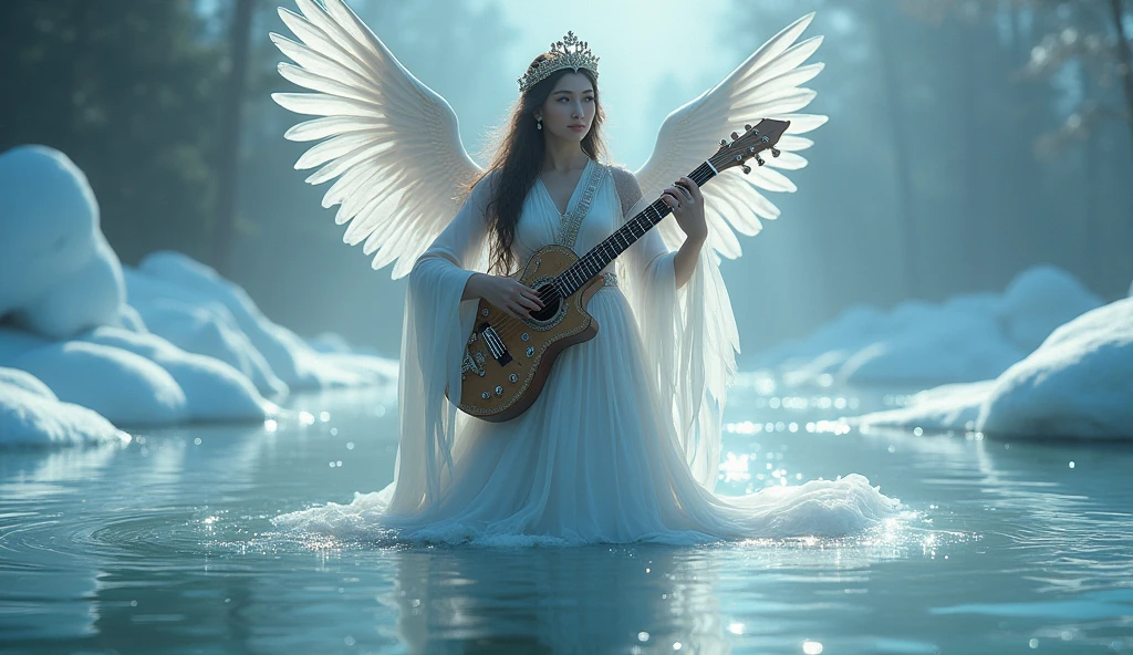 A goddess named Kinnara, half woman and half bird, floating out of the waters of an almost frozen river playing his golden celestial stringed instrument. The scene is almost frozen, and she is in the foreground. In a very dramatic oriental aesthetic. Emphasizing its bird characteristics, like discreet wings and a crown of swan wings