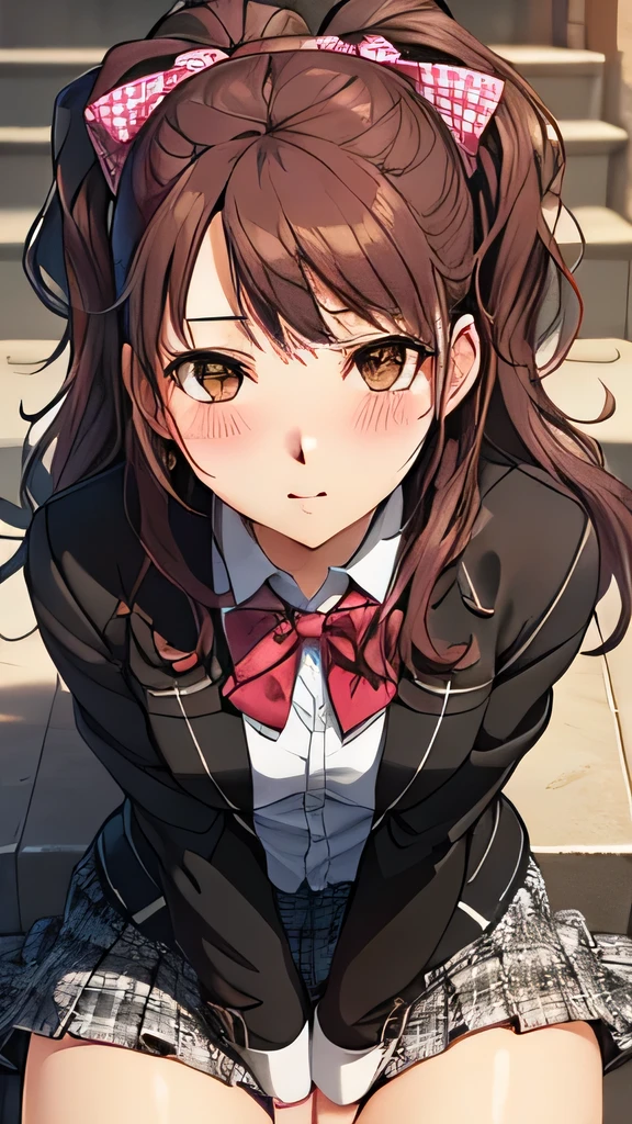 ((Tabletop, Highest quality, High resolution, Pixel perfect,  4K, ))), One Girl, single, alone, Beauty、The whole body is visible、 ((Mid-wave hair, bangs, Brown Hair)), ((Brown eyes, Beautiful eyelashes, Realistic eyes)), ((Detailed face, blush:1.2)), ((Smooth texture:0.75, Realistic texture:0.65, Realistic:1.1, Anime CG style)), Medium chest, Dynamic Angle, Perfect body,  ((Red bow tie, school uniform, Black jacket, Open jacket, Brown cardigan, White shirt, Black Skirt, Checked skirt)), City stairs、Looking up from the bottom of the stairs、Very embarrassing panic smile, Sit on the stairs、Spread your legs、Open both knees、(No underwear)、((pussy juice))