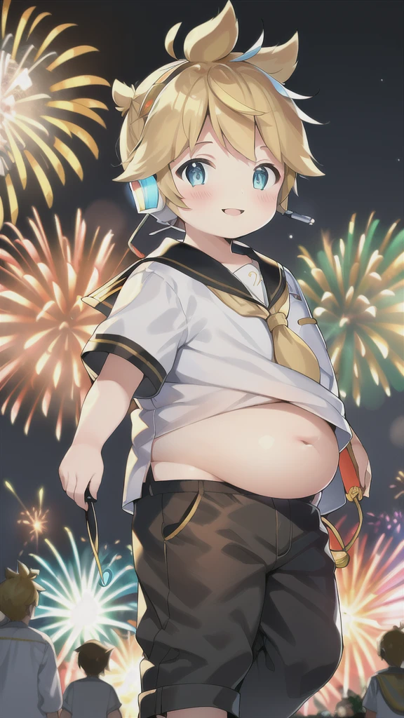 10 year old boy, Kagamine Len, (plump), (chubby), chubby body, whole belly spilling over the waistband, ((over small sailor uniform)), short sleeves, (short pants), earphones, tie, (full blushed), parted lips, walking in a firework fair at night, seductive smile to the viewer