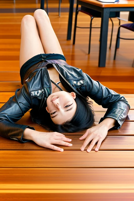 A female student in a leather jacket is lying on a lacquered wooden table