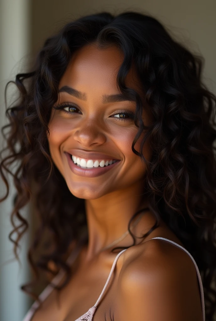 femme américaine de 22 ans , teint noir claire, affichant un teint lightskin éclatant. Elle est brune avec de longs cheveux bouclés avec baby hair qui tombent élégamment sur ses épaules. Son visage est d'une grande beauté, avec des traits délicats et harmonieux. beau sourire radieux et chaleureux qui illumine l'ensemble de son visage, mettant en valeur ses lèvres pleines et ses dents blanches avec appareil dentaire