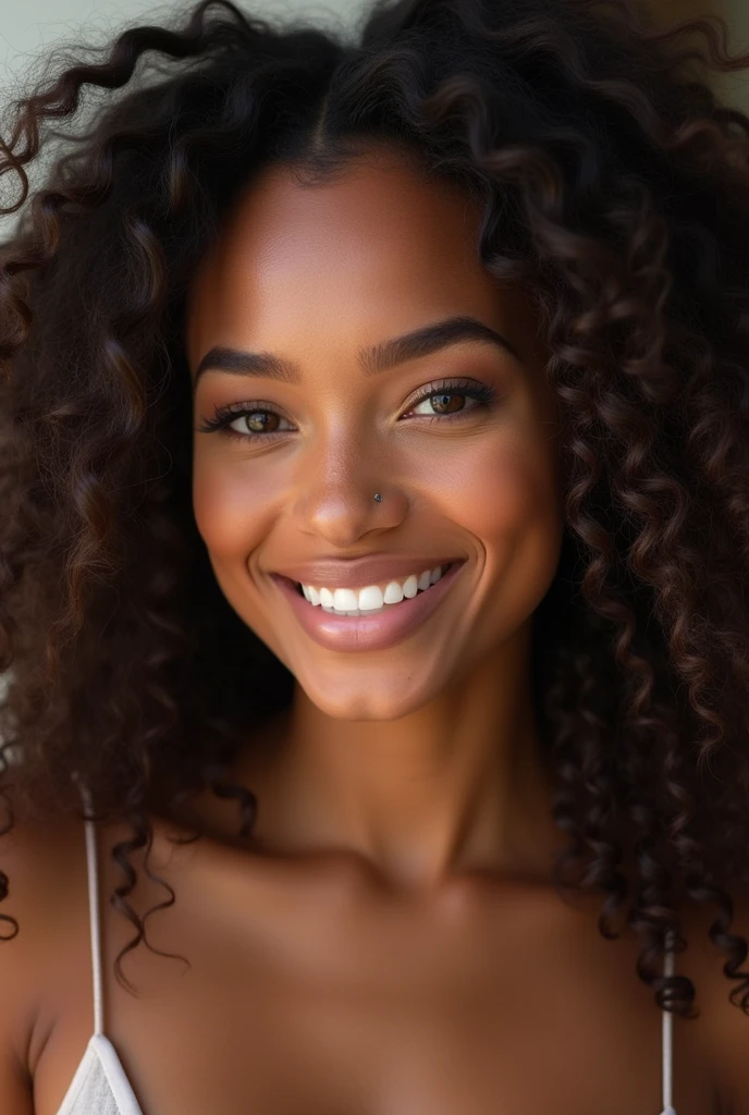 femme américaine de 22 ans , teint noir claire, affichant un teint lightskin éclatant. Elle est brune avec de longs cheveux bouclés avec baby hair qui tombent élégamment sur ses épaules. Son visage est d'une grande beauté, avec des traits délicats et harmonieux. beau sourire radieux et chaleureux qui illumine l'ensemble de son visage, mettant en valeur ses lèvres pleines et ses dents blanches avec appareil dentaire