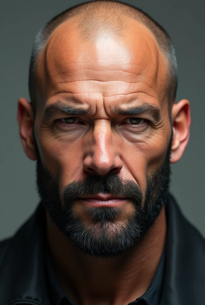 35 year old bald man, with short black trimmed beard Jason starter style 