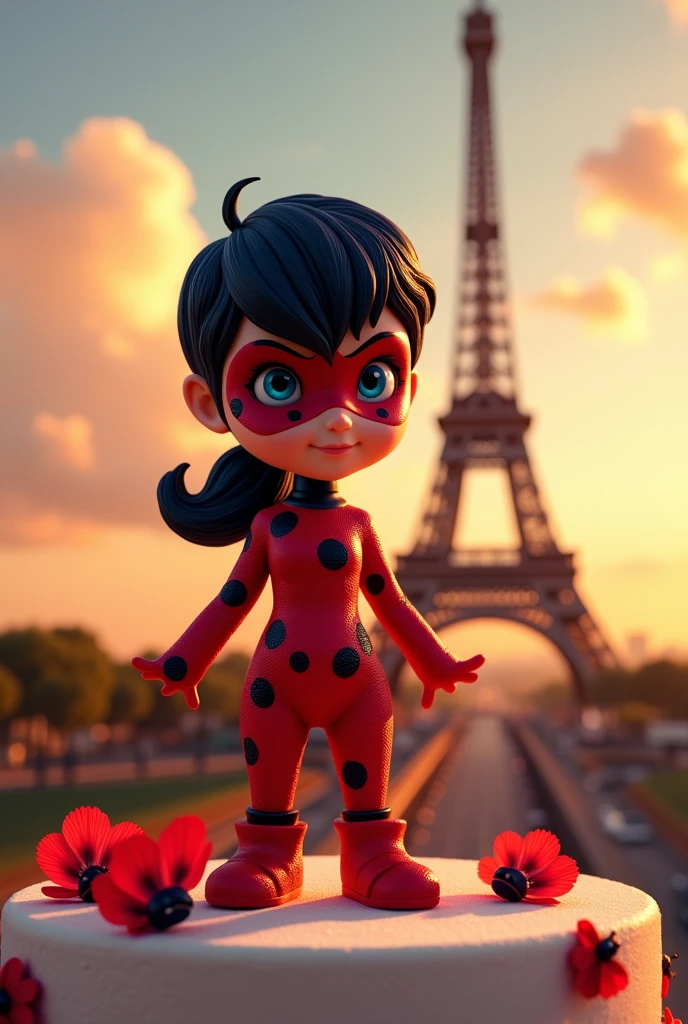Create a teenage boy with side-swept hair and dark skin, a ladybug costume with a ladybug face mask and 3A hair with red highlights under the Eiffel Tower