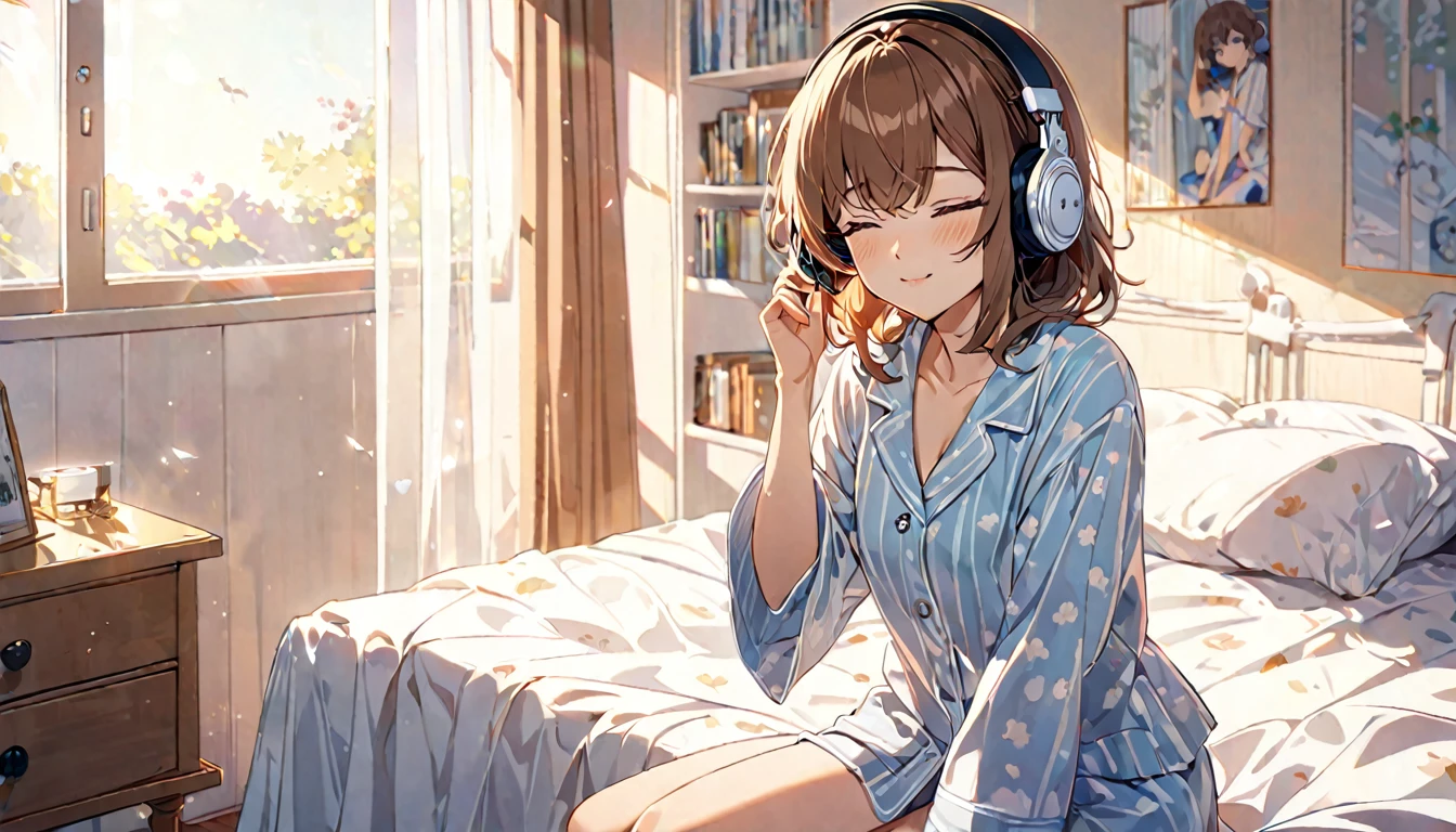 (Brown haired woman wearing headphones), (Listening to background music in the bedroom with the morning light streaming in), (Very detailed, masterpiece, Highest quality, bright), (Anime Style)
background: A bedroom with gentle morning light pouring in: Calm eyes closed, relaxed expression: Pajama Pose: Sitting on the bed、Scene of holding knees: On a quiet morning、Pleasant background music plays
