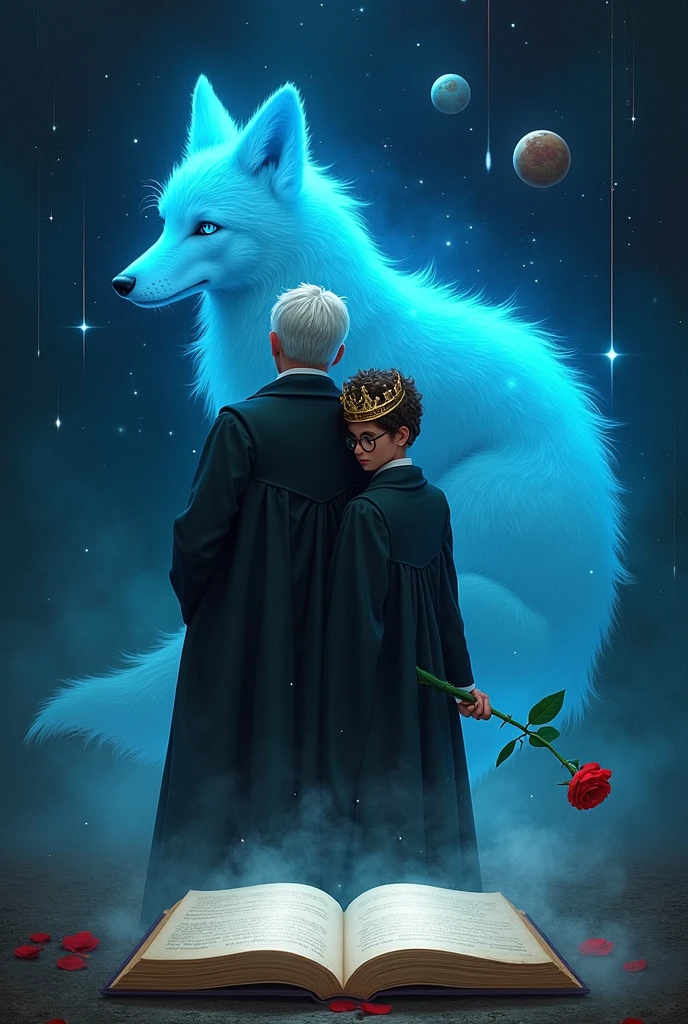 The picture should include Severus the python with a red rose in his hand, standing with his back to him, Harry Potter's 17-year-old self leaning back to back, in glasses with a crown on his head. In the background is a blue glowing fox similar to patron charms, outer space, shooting stars, smaller planets and the two characters should stand on the same planet. The inscription THEY ARE ANONYMOUS should appear at the top of the image.