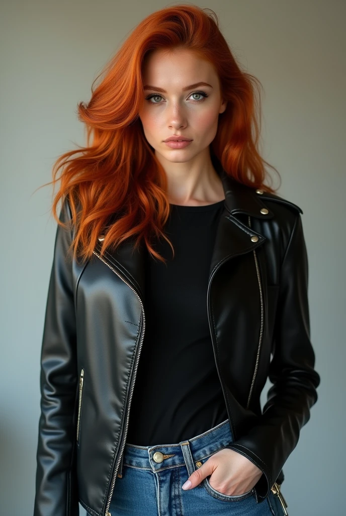 Femme rousse de 38 ans très belle en jeans et blouson en cuir noir