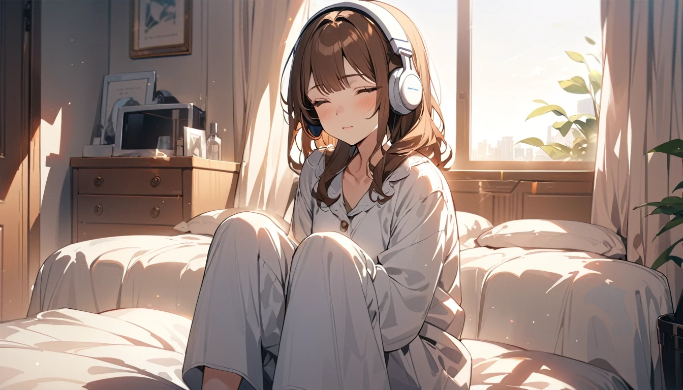 (Brown haired woman wearing headphones), (Listening to background music in the bedroom with the morning light streaming in), (Very detailed, masterpiece, Highest quality, bright), (Anime Style)
background: A bedroom with gentle morning light pouring in: Calm eyes closed, relaxed expression: Pajama Pose: Sitting on the bed、Scene of holding knees: On a quiet morning、Pleasant background music plays