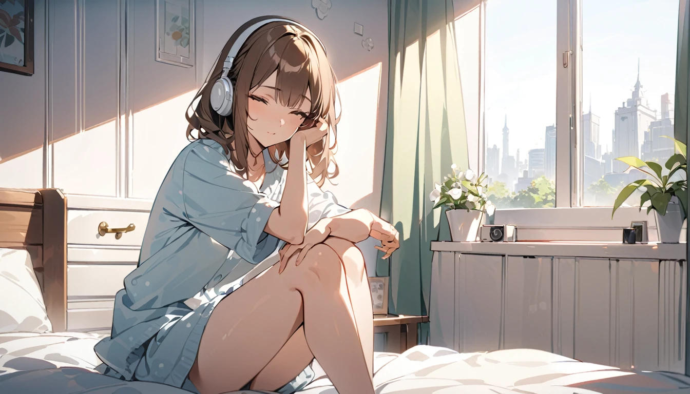 (Brown haired woman wearing headphones), (Listening to background music in the bedroom with the morning light streaming in), (Very detailed, masterpiece, Highest quality, bright), (Anime Style)
background: A bedroom with gentle morning light pouring in: Calm eyes closed, relaxed expression: Pajama Pose: Sitting on the bed、Scene of holding knees: On a quiet morning、Pleasant background music plays
