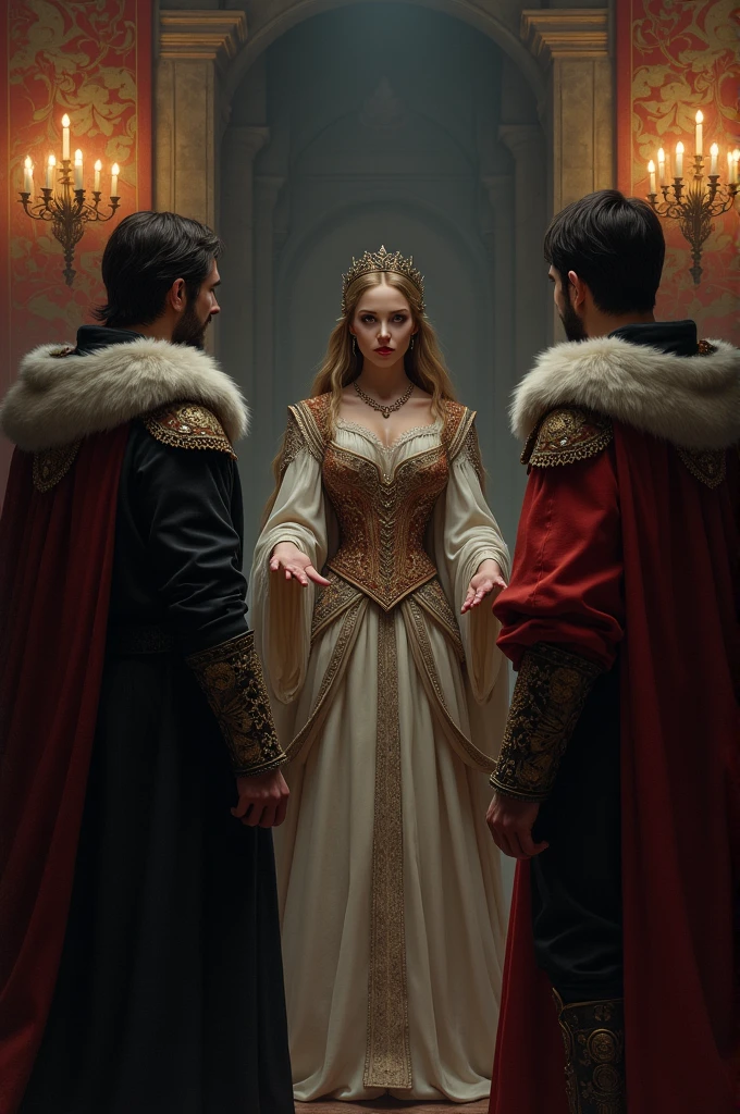 Create an image of a woman telling two men "wait and listen to me" medieval style 