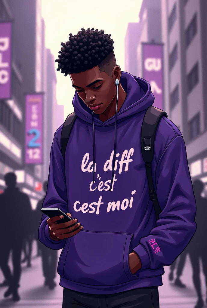 a black skin guy with a bluetooth headset and glasses on his phone he alone in color the rest in black and white he is in the city center he is dressed in purple on his sweater it is written 'la diff c'est moi' he looks at his phone. realistic 8k . he is between 14-18 years old he has short hair bit of muscle he is in color in the middle of lots of people in black and white he is the only one in color his skin is not too dark his skin is colored also he wears a criminal hood where it says 'JYC'