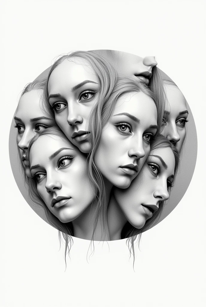 Create me a picture, They must be several genderless faces, that they look half-piled and each face expresses different emotions, the black and white design finished with a pencil drawing, the design is circular so that it does not look gender-specific and more faces