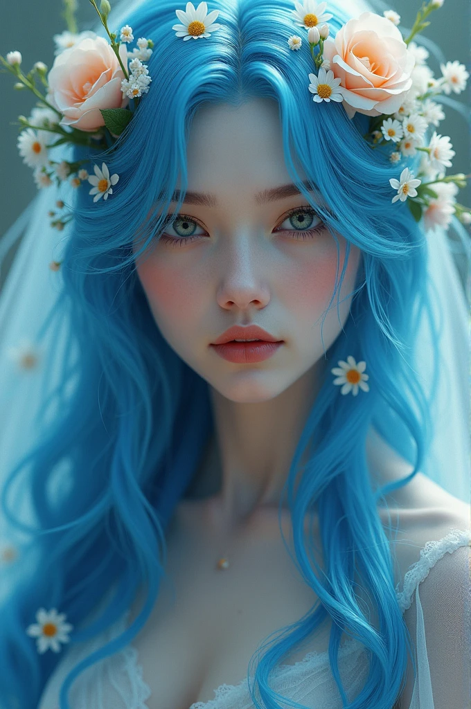 Blue hair, beautiful woman, long hair, dress up, flower decoration on head