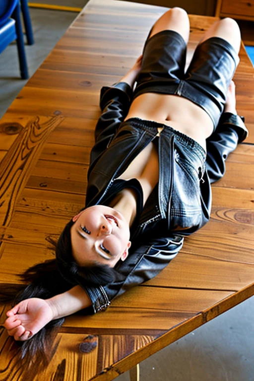 A female student in a leather jacket is lying on a lacquered wooden table