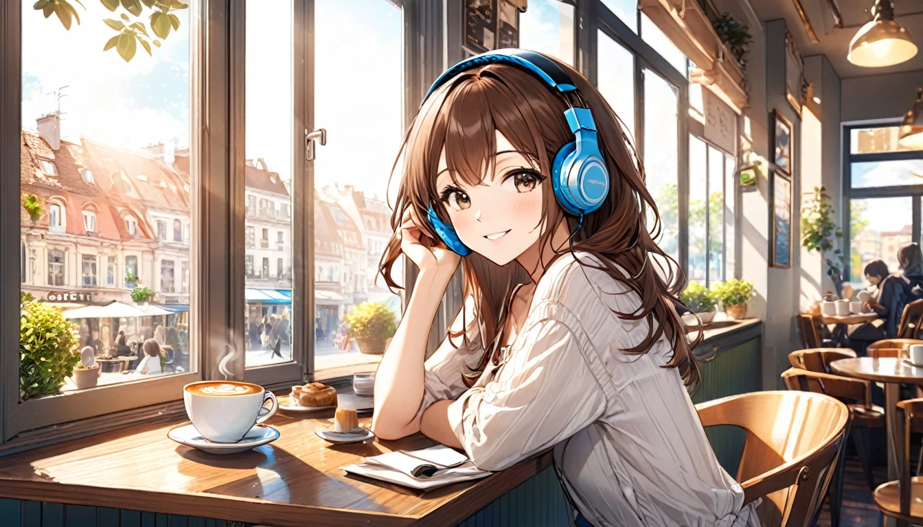 (Brown haired woman wearing headphones), (Enjoying coffee while listening to background music by the window in a cafe), (Very detailed, masterpiece, Highest quality, bright), (Anime Style)
background: A cafe window with natural light streaming in: Gentle smiling costume: Casual one piece pose: Sit in the window seat、Scene with a cup: With pleasant music、Enjoy a moment at the cafe
