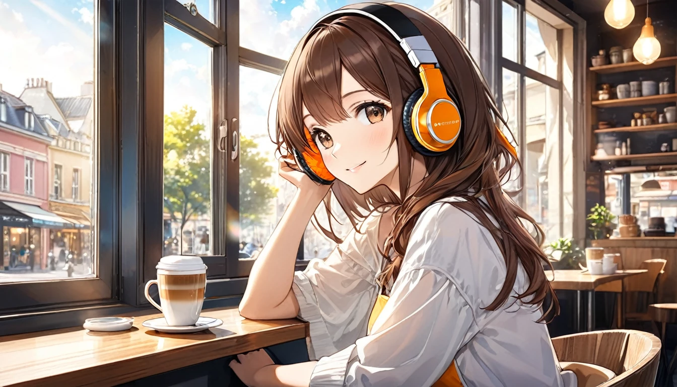 (Brown haired woman wearing headphones), (Enjoying coffee while listening to background music by the window in a cafe), (Very detailed, masterpiece, Highest quality, bright), (Anime Style)
background: A cafe window with natural light streaming in: Gentle smiling costume: Casual one piece pose: Sit in the window seat、Scene with a cup: With pleasant music、Enjoy a moment at the cafe